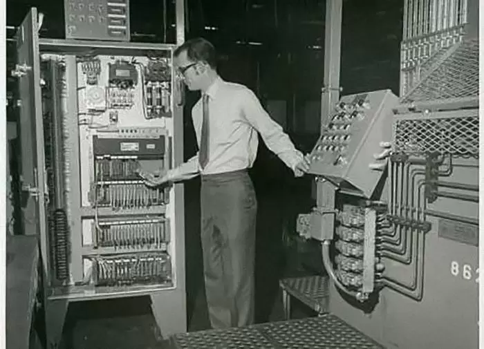 Factory cabinets with power relays, in the pre-PLC era.