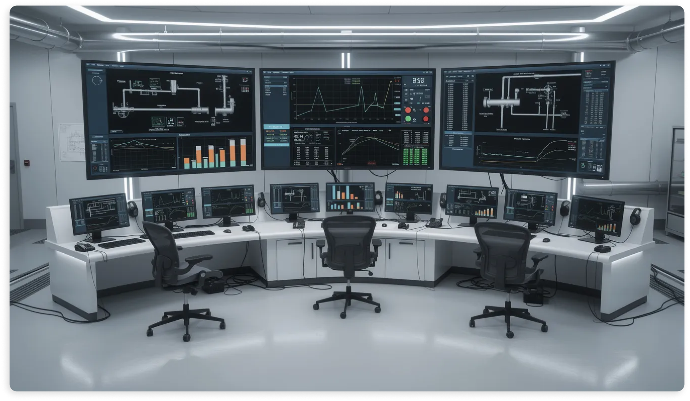 The image depicts an industrial control room filled with multiple monitoring screens that showcase real-time data and operational metrics. This environment highlights the integration of smart devices and IIoT technology, emphasizing the importance of predictive maintenance and data analysis in optimizing business processes within the industrial internet of things.