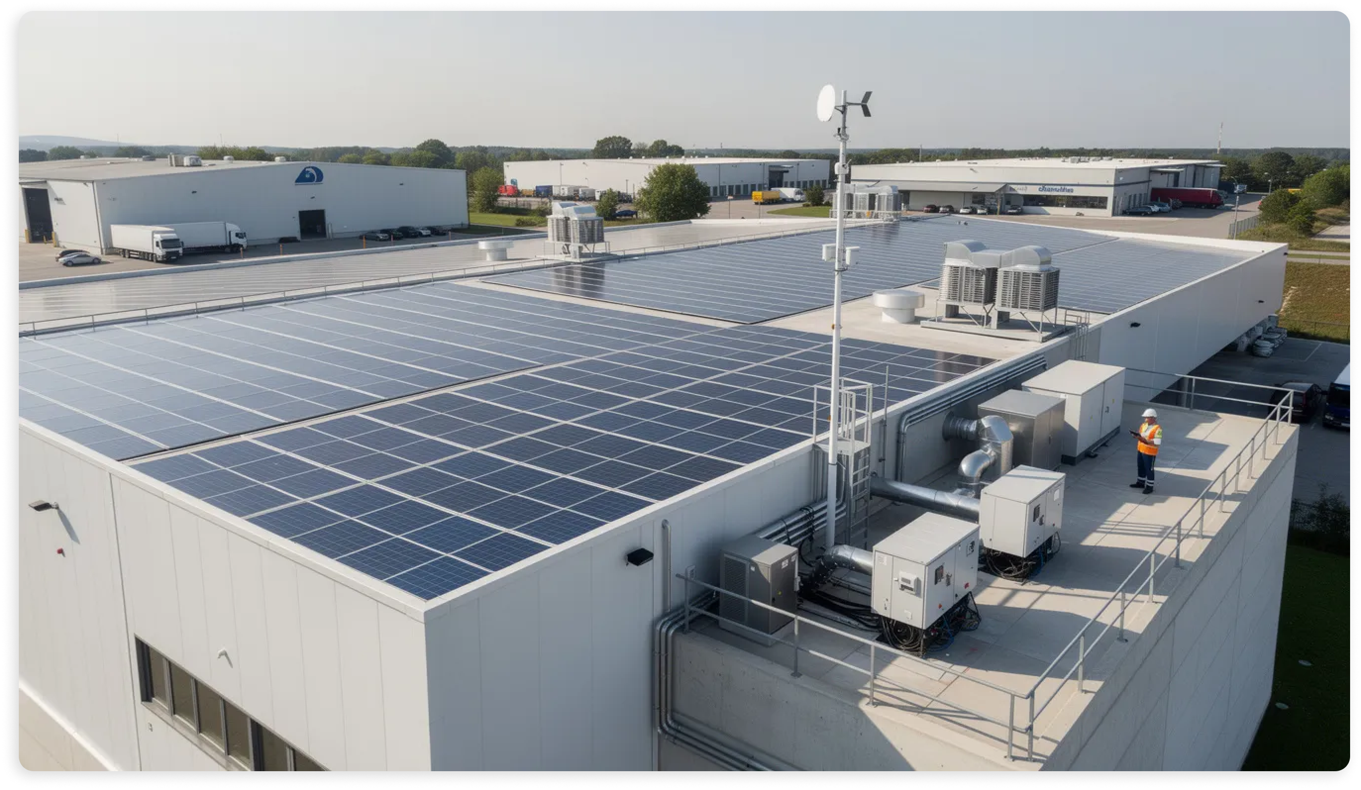 The image depicts an industrial facility featuring solar panels and advanced monitoring equipment installed on the rooftop, highlighting the integration of smart devices and IoT technology for energy management and real-time data analysis. This setup exemplifies the industrial internet of things (IIoT) in action, enabling predictive maintenance and optimizing energy consumption for enhanced operational efficiency.