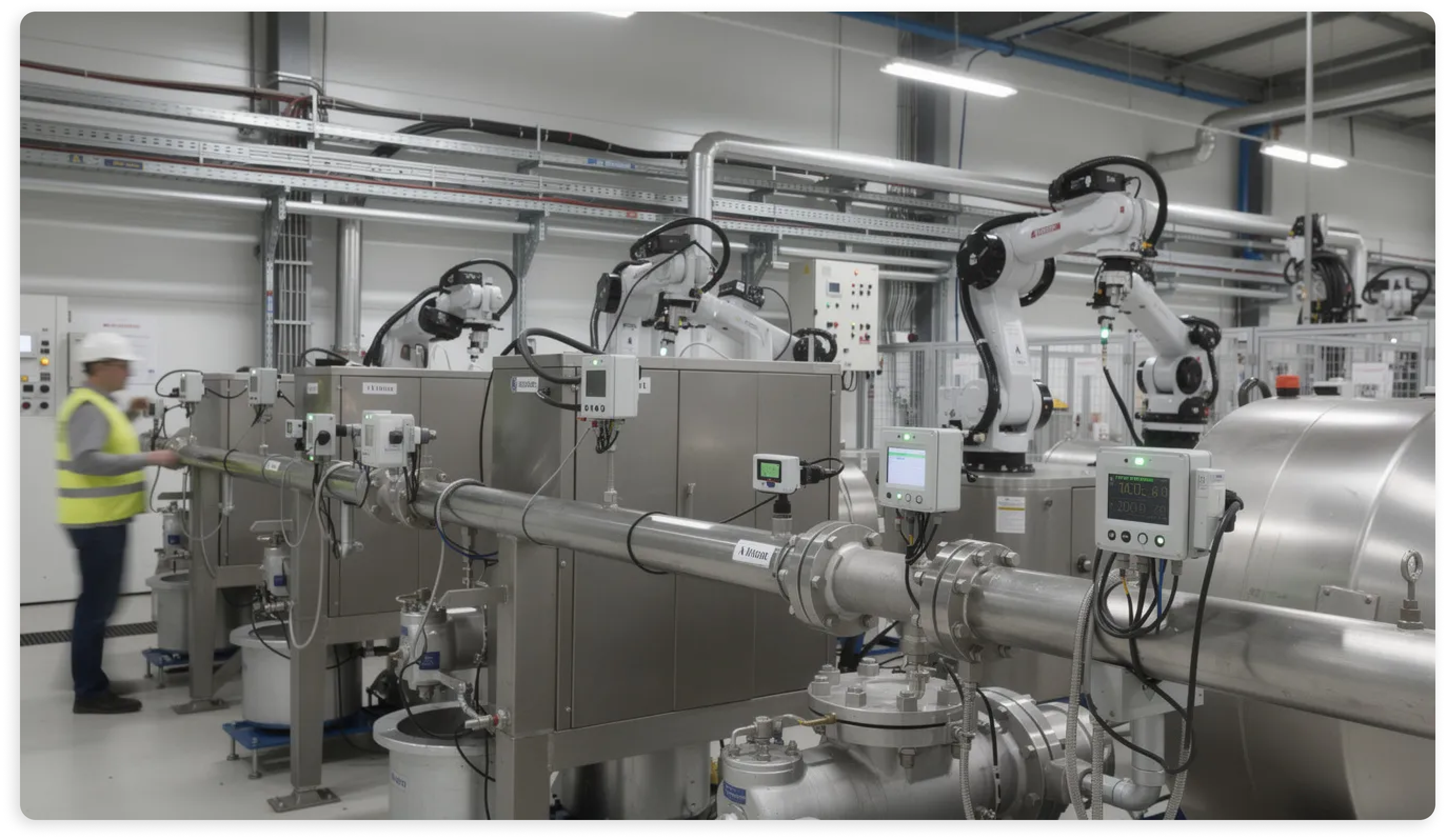 The image depicts an industrial manufacturing floor equipped with various sensors attached to machinery and pipes, showcasing the integration of smart devices and IIoT technology. These sensors gather real-time data to optimize processes, improve energy usage, and enhance predictive maintenance for improved manufacturing efficiency.