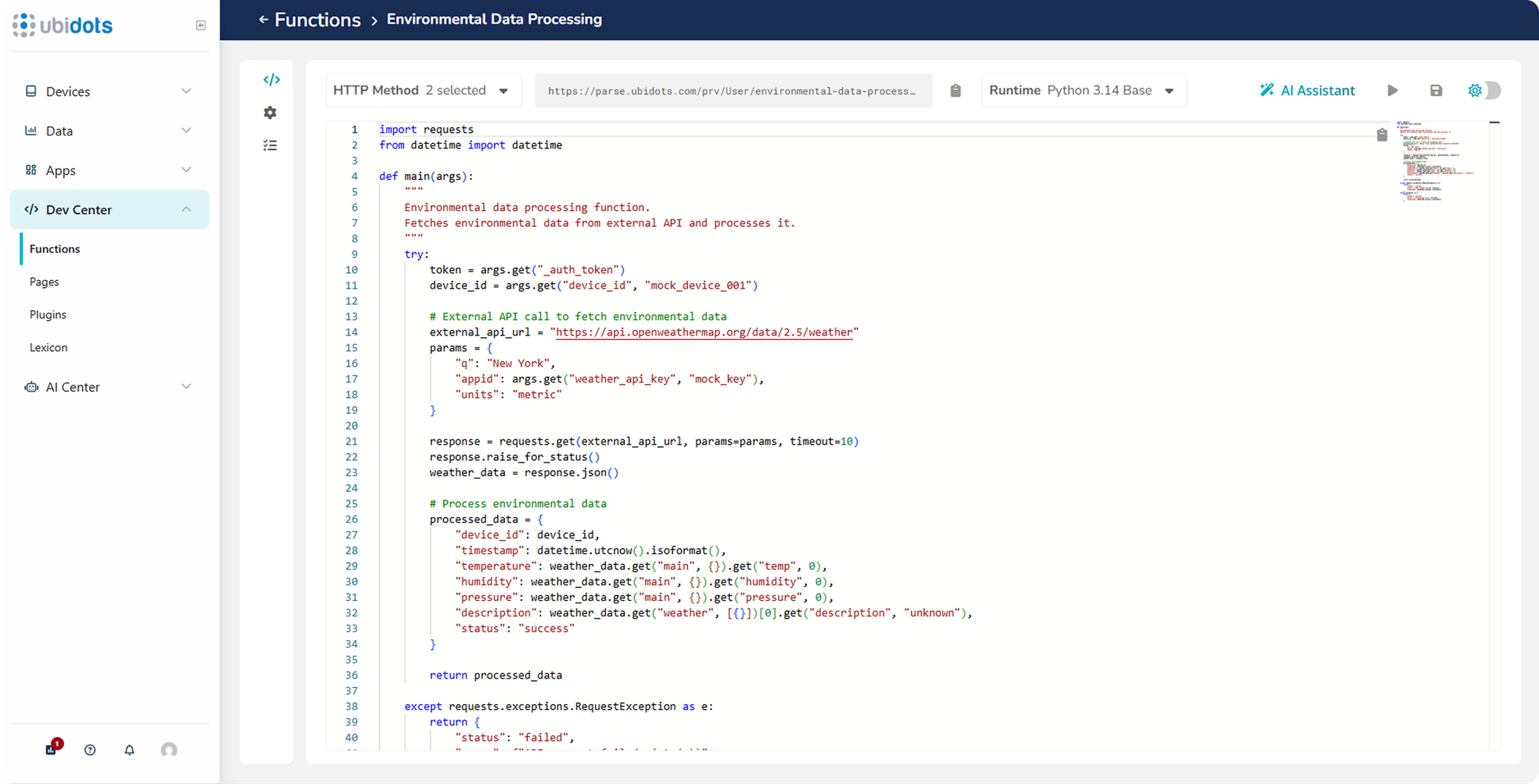 Editor de código Python Ubidots UbiFunctioncon importación de paquetes pip y llamada a API externa