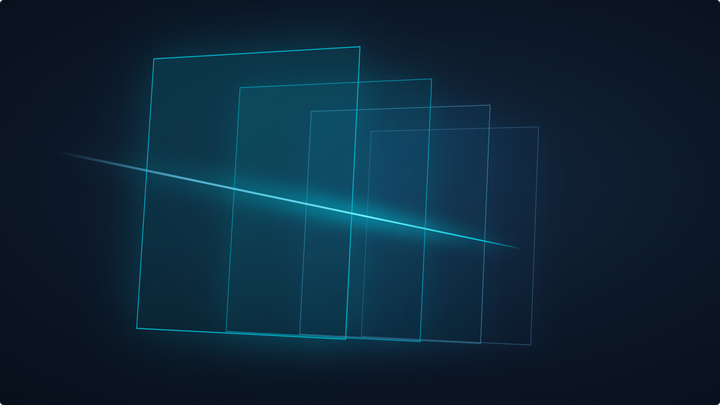 Four glass panels crossed by a line of cyan light, representing the four layers of an industrial AI agent deployment.